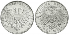 Reichssilbermünzen J. 19-178
Lübeck
2 Mark 1901 A. gutes vorzüglich, kl. Kratzer. Jaeger 80.