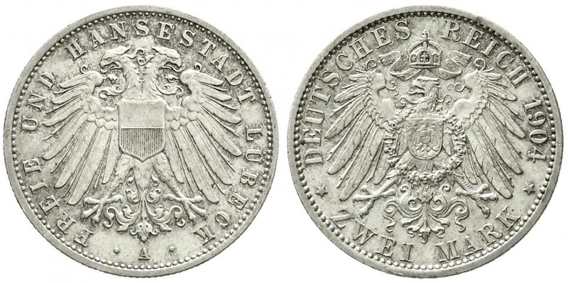 Reichssilbermünzen J. 19-178
Lübeck
2 Mark 1904 A. vorzüglich/Stempelglanz, kl...