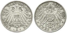 Reichssilbermünzen J. 19-178
Lübeck
2 Mark 1904 A. vorzüglich/Stempelglanz, kl. Randfehler, schöne Patina. Jaeger 81.