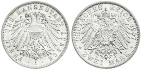 Reichssilbermünzen J. 19-178
Lübeck
2 Mark 1907 A. fast Stempelglanz, winz. Randfehler. Jaeger 81.