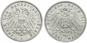 Reichssilbermünzen J. 19-178
Lübeck
3 Mark 1911 A. vorzüglich, kl. Randfehler. Jaeger 82.