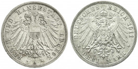 Reichssilbermünzen J. 19-178
Lübeck
3 Mark 1911 A. sehr schön/vorzüglich. Jaeger 82.
