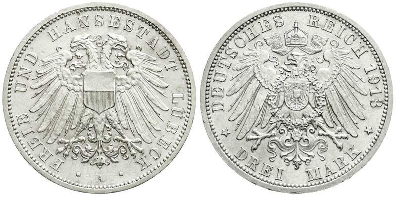 Reichssilbermünzen J. 19-178
Lübeck
3 Mark 1913 A. fast Stempelglanz. Jaeger 8...