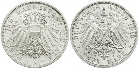 Reichssilbermünzen J. 19-178
Lübeck
3 Mark 1913 A. fast Stempelglanz. Jaeger 82.