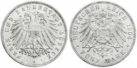 Reichssilbermünzen J. 19-178
Lübeck
5 Mark 1904 A. fast Stempelglanz/Erstabschlag, selten in dieser Erhaltung. Jaeger 83.