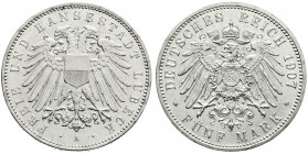 Reichssilbermünzen J. 19-178
Lübeck
5 Mark 1907 A. fast Stempelglanz, selten in dieser Erhaltung. Jaeger 83.