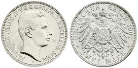 Reichssilbermünzen J. 19-178
Mecklenburg-Schwerin
Friedrich Franz IV., 1897-1918
2 Mark 1901 A. fast Stempelglanz, Prachtexemplar, selten in dieser...