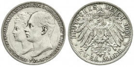 Reichssilbermünzen J. 19-178
Mecklenburg-Schwerin
Friedrich Franz IV., 1897-1918
2 Mark 1904 A. Zur Hochzeit. vorzüglich/Stempelglanz. Jaeger 86.