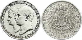 Reichssilbermünzen J. 19-178
Mecklenburg-Schwerin
Friedrich Franz IV., 1897-1918
2 Mark 1904 A. Zur Hochzeit. vorzüglich. Jaeger 86.