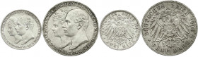 Reichssilbermünzen J. 19-178
Mecklenburg-Schwerin
Friedrich Franz IV., 1897-1918
2 Stück: 2 und 5 Mark 1904 A. Zur Hochzeit. beide vorzüglich, kl. ...