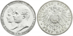 Reichssilbermünzen J. 19-178
Mecklenburg-Schwerin
Friedrich Franz IV., 1897-1918
5 Mark 1904 A. Zur Hochzeit. Polierte Platte, Prachtexemplar. Jaeg...
