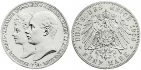 Reichssilbermünzen J. 19-178
Mecklenburg-Schwerin
Friedrich Franz IV., 1897-1918
5 Mark 1904 A. Zur Hochzeit. vorzüglich/Stempelglanz, min. beriebe...