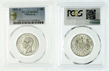 Reichssilbermünzen J. 19-178
Oldenburg
Friedrich August, 1900-1918
2 Mark 1901 A. Im PCGS-Blister mit Grading MS 64 (es wurde bisher nur 1 Ex. bess...