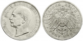 Reichssilbermünzen J. 19-178
Oldenburg
Friedrich August, 1900-1918
5 Mark 1901 A. fast Stempelglanz, selten in dieser Erhaltung. Jaeger 95.