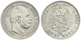 Reichssilbermünzen J. 19-178
Preußen
Wilhelm I., 1861-1888
2 Mark 1883 A. vorzüglich/Stempelglanz, selten in dieser Erhaltung. Jaeger 96.