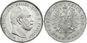 Reichssilbermünzen J. 19-178
Preußen
Wilhelm I., 1861-1888
5 Mark 1876 A. fast Stempelglanz, Prachtexemplar mit feiner Tönung. Jaeger 97.