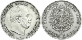 Reichssilbermünzen J. 19-178
Preußen
Wilhelm I., 1861-1888
5 Mark 1876 A. vorzüglich, schöne Tönung. Jaeger 97.