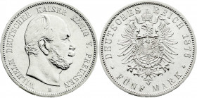 Reichssilbermünzen J. 19-178
Preußen
Wilhelm I., 1861-1888
5 Mark 1876 B. vorzüglich, etwas berieben. Jaeger 97.
