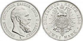 Reichssilbermünzen J. 19-178
Preußen
Friedrich III., 1888
2 Mark 1888 A. Erstabschlag, min. Kratzer. Jaeger 98.