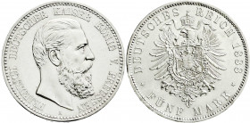 Reichssilbermünzen J. 19-178
Preußen
Friedrich III., 1888
5 Mark 1888 A. vorzüglich/Stempelglanz, leichtes, beginnendes Zainende und kl. Randfehler...