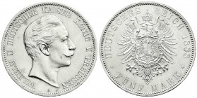 Reichssilbermünzen J. 19-178
Preußen
Wilhelm II., 1888-1918
5 Mark 1888 A. prägefrisch/fast Stempelglanz, kl. Kratzer. Jaeger 101.