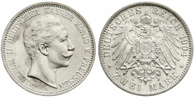 Reichssilbermünzen J. 19-178
Preußen
Wilhelm II., 1888-1918
2 Mark 1904 A. prägefrisch/fast Stempelglanz. Jaeger 102.