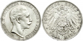 Reichssilbermünzen J. 19-178
Preußen
Wilhelm II., 1888-1918
3 Mark 1908 A. fast Stempelglanz, Prachtexemplar. Jaeger 103.