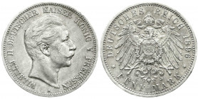 Reichssilbermünzen J. 19-178
Preußen
Wilhelm II., 1888-1918
5 Mark 1896 A. Seltener Jahrgang. sehr schön, kl. Randfehler. Jaeger 104.