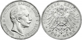 Reichssilbermünzen J. 19-178
Preußen
Wilhelm II., 1888-1918
5 Mark 1902 A. vorzüglich/Stempelglanz, kl. Kratzer. Jaeger 104.