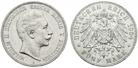 Reichssilbermünzen J. 19-178
Preußen
Wilhelm II., 1888-1918
5 Mark 1904 A. gutes vorzüglich. Jaeger 104.