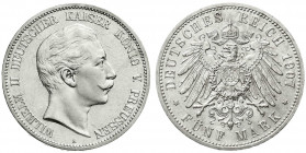 Reichssilbermünzen J. 19-178
Preußen
Wilhelm II., 1888-1918
5 Mark 1907 A. prägefrisch/fast Stempelglanz. Jaeger 104.