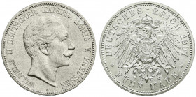 Reichssilbermünzen J. 19-178
Preußen
Wilhelm II., 1888-1918
5 Mark 1907 A. vorzüglich/Stempelglanz, winz. Kratzer. Jaeger 104.