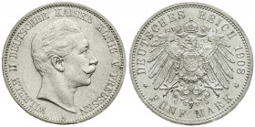 Reichssilbermünzen J. 19-178
Preußen
Wilhelm II., 1888-1918
5 Mark 1908 A. gutes vorzüglich. Jaeger 104.
