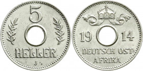 Kolonien und Nebengebiete
Deutsch Ostafrika
5 Heller Lochgeld 1914 J. vorzüglich/Stempelglanz. Jaeger N718.