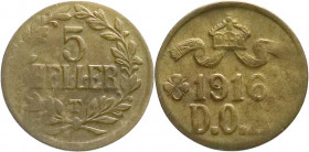 Kolonien und Nebengebiete
Deutsch Ostafrika
5 Heller Messing 1916 T. Auf dünnem Schrötling. 3,25 g. vorzüglich, Prägeschwäche. Jaeger 723.