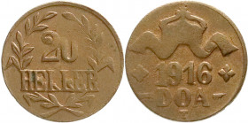 Kolonien und Nebengebiete
Deutsch Ostafrika
20 Heller 1916 T, Kupfer oder Bronze. RFA-Analyse 98,5 % Kupfer (gemessen an verschiedenen Stellen) sehr...