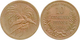 Kolonien und Nebengebiete
Deutsch-Neuguinea
Neuguinea Compagnie
10 Neu-Guinea Pfennig 1894 A. Paradiesvogel. vorzüglich/Stempelglanz, schöne Kupfer...