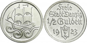 Kolonien und Nebengebiete
Danzig, Freie Stadt
1/2 Gulden 1923. fast Stempelglanz, Prachtexemplar. Jaeger D 6.