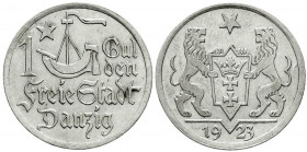 Kolonien und Nebengebiete
Danzig, Freie Stadt
1 Gulden 1923. Hansekogge. vorzüglich/Stempelglanz. Jaeger D7.