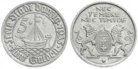 Kolonien und Nebengebiete
Danzig, Freie Stadt
5 Gulden 1935. Hansekogge. sehr schön, Randfehler. Jaeger D 19.