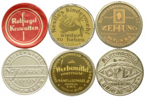 Notmünzen/Wertmarken
Berlin
6 versch. Briefmarkenkapselgeld: Hänel & Schwarz, N. Israel, Nestle's Kindermehl, Marken und Ganzsachenhaus, Rotsiegel, ...