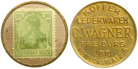 Notmünzen/Wertmarken
Freiburg i. Br. (Baden)
Briefmarkenkapselgeld der Fa. C. Wagner Freiburg "Koffer Lederwaren" o.J. Eisenhülle vermessingt, 20 Pf...