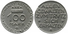 Notmünzen/Wertmarken
Röthenbach(Bayern)
C. Conradty, 1922
C. Conradty, 100 Mark aus geprester galvanischer Kohle 1922. Auflage nur 2500 Ex. vorzügl...