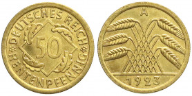 Weimarer Republik
Kursmünzen
50 Rentenpfennig, messingfarben 1923-1924
1923 A. fast Stempelglanz. Jaeger 310.