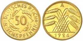 Weimarer Republik
Kursmünzen
50 Reichspfennig, messingfarben 1924-1925
1924 A. vorzüglich. Jaeger 318.