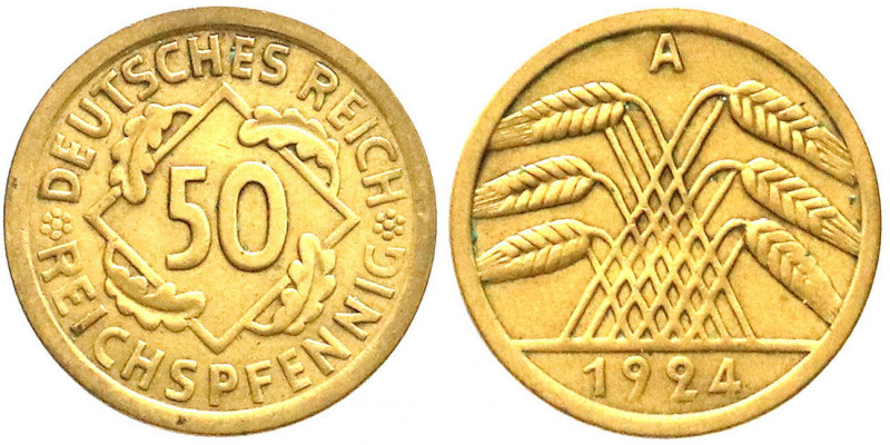 Weimarer Republik
Kursmünzen
50 Reichspfennig, messingfarben 1924-1925
1924 A...
