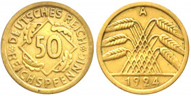 Weimarer Republik
Kursmünzen
50 Reichspfennig, messingfarben 1924-1925
1924 A. gutes sehr schön. Jaeger 318.
