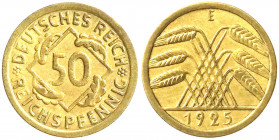 Weimarer Republik
Kursmünzen
50 Reichspfennig, messingfarben 1924-1925
1925 E. sehr schön/vorzüglich. Jaeger 318.