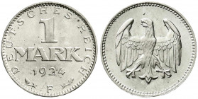 Weimarer Republik
Kursmünzen
1 Mark, Silber, 1924-1925
1924 F. fast Stempelglanz, Prachtexemplar. Jaeger 311.