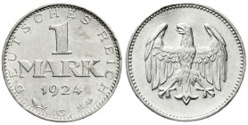 Weimarer Republik
Kursmünzen
1 Mark, Silber, 1924-1925
1924 G. fast Stempelglanz. Jaeger 311.